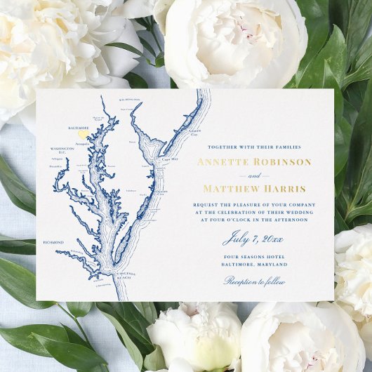 Baltimore Maryland Wedding Navy und Gold Folieneinladung