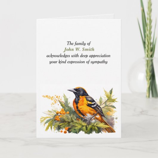 Baltimore Oriole Beileid Vielen Dank an die Famili Karte (Vorderseite)