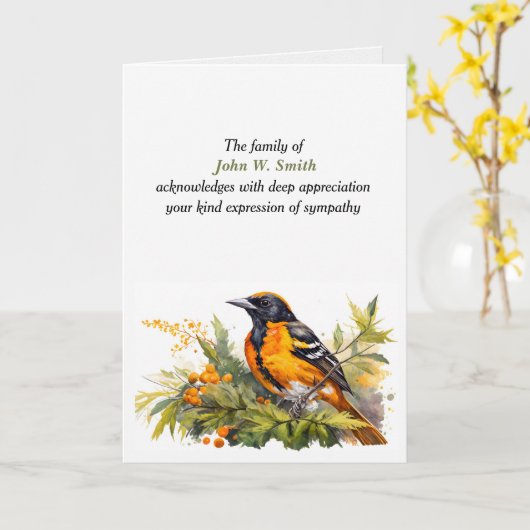 Baltimore Oriole Beileid Vielen Dank an die Famili Karte (Gelbe Blume)