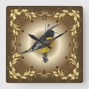Baltimore Oriole Golden Leaf Border Quadratische Wanduhr