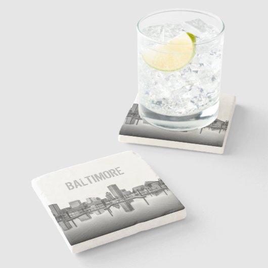 Baltimore Skyline - Schwarz und Weiß Steinuntersetzer (Seitenansicht)