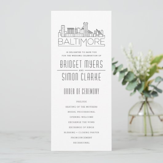 Baltimore Stylized Skyline | Hochzeitsprogramm Einladung (Stehend Vorderseite)