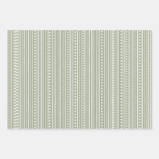 Bamanko Boho Sage Green Dots and Stripes Muster Geschenkpapier Set (Vorderseite)