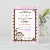 Bambino GIRL Pink Monkey Baby Showeinladungen Einladung (Stehend Vorderseite)