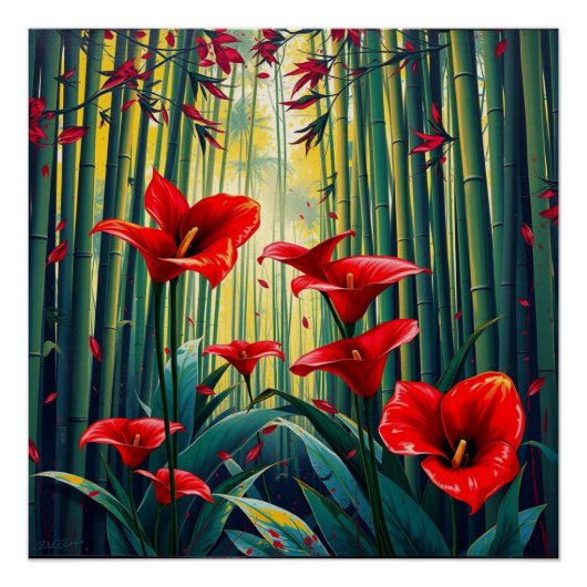 bamboo forest with red callas poster (Vorderseite)