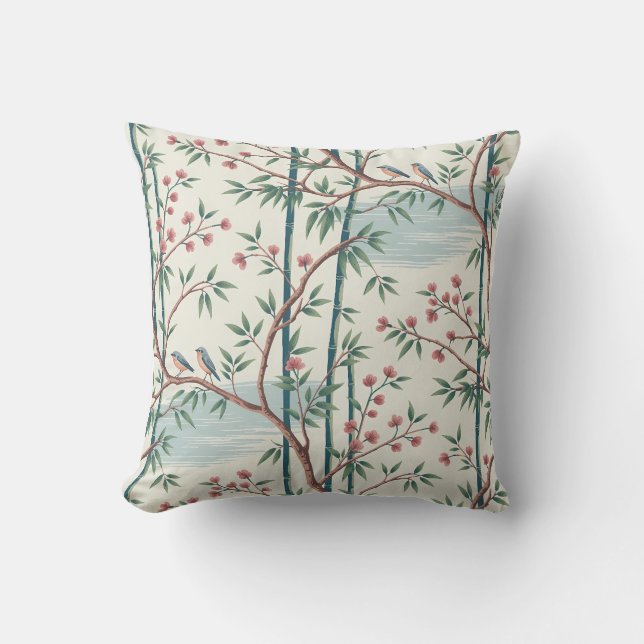 Bamboo Grove Birds Throw Kissen (Vorderseite)
