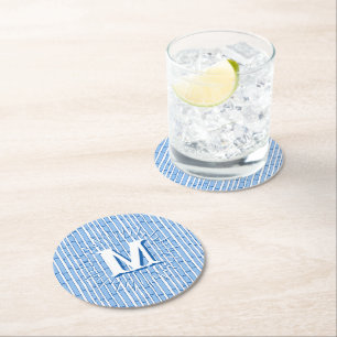 Bambooey Bambusstreifen in Blau Personalisiert Runder Pappuntersetzer
