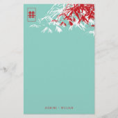 Bambus-Blätter + Double Xi Blue Wedding Stationery Briefpapier (Vorderseite)