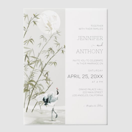 Bambus-Pflanze und Krane-Hochzeit Pergament Einladungen (Vorderseite)