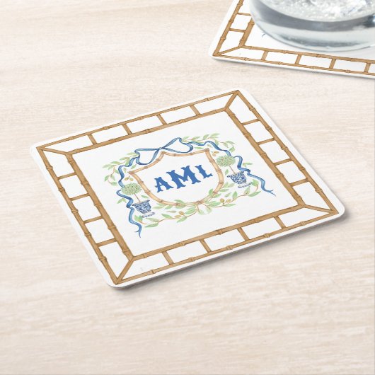 Bambus und Olivenöl Topiary Wappen | Monogramm Rechteckiger Pappuntersetzer (angewinkelt)