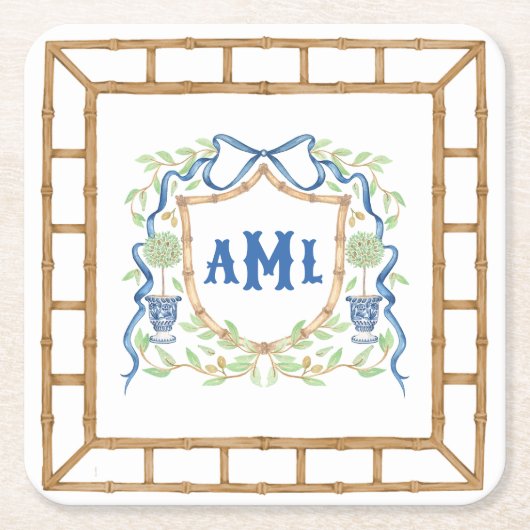 Bambus und Olivenöl Topiary Wappen | Monogramm Rechteckiger Pappuntersetzer (Vorderseite)