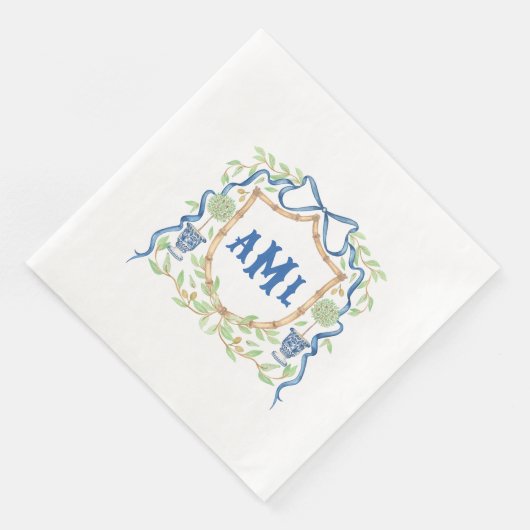 Bambus und Olivenöl Topiary Wappen | Monogramm Serviette (Ecke)