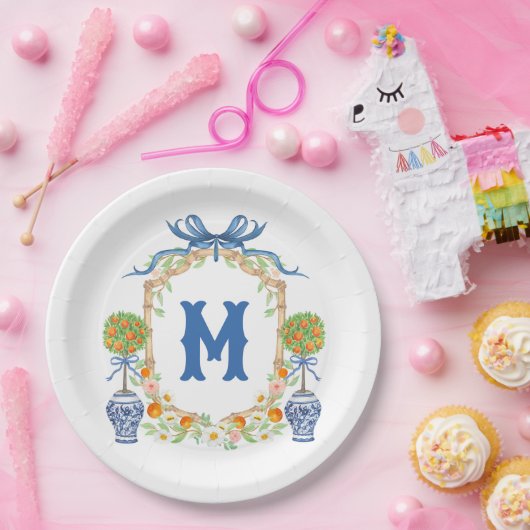 Bambus und Orange Topiary Wappen | Monogramm mit 1 Pappteller (Party)