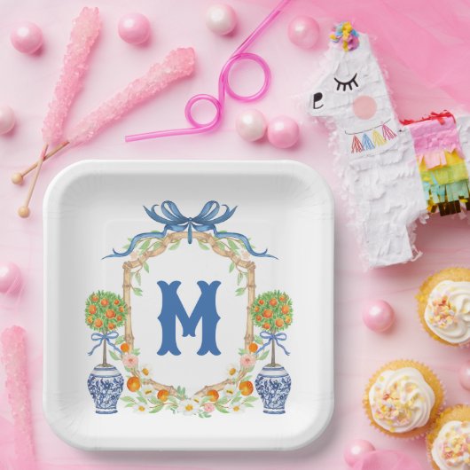 Bambus und Orange Topiary Wappen | Monogramm mit 1 Pappteller (Party)