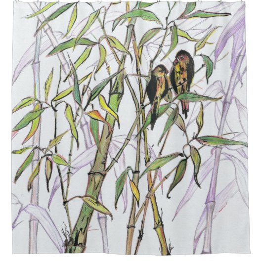 Bambus und Vögel Duschvorhang (Vorderseite)