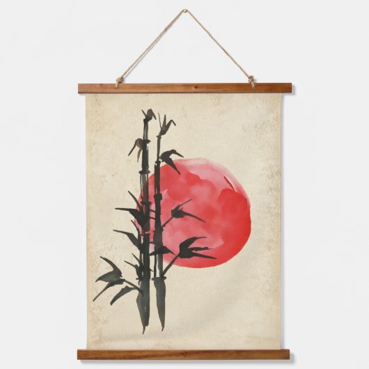 Bambus vor einer roten Sonne Wandteppich Mit Holzrahmen (Vorderseite)