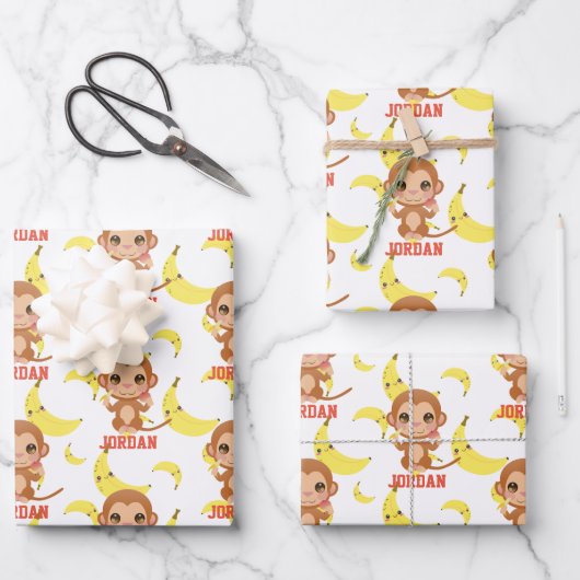 Banana Baby Monkey Happy Birthday Geschenkpapier Set (Vorderseite)