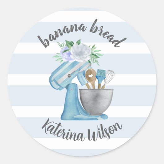Banana Bread Label Blue Flower Mixer Small Bakery Runder Aufkleber (Vorderseite)