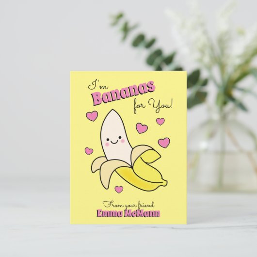 Banana Cute Kids Classroom Valentine Card Postkarte (Stehend Vorderseite)