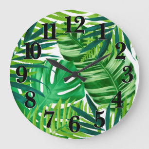 Banana Monstera Palm Grüne tropische Blätter Große Wanduhr