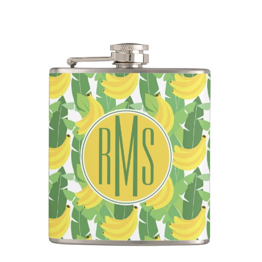 Bananen-Blätter und Monogramm des Frucht-Muster-| Flachmann (Vorderseite)