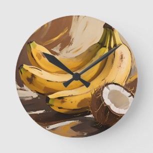 Bananen-Kokosnuss-Stillleben Runde Wanduhr