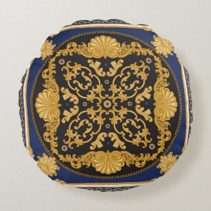 Bandana-Druck auf schwarz und blau Hintergrund, Go Rundes Kissen