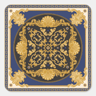Bandana Print: Black Blue Gold. Quadratischer Aufkleber