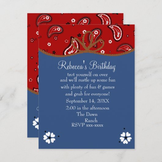Bandana und Denim Cowgirl Birthday Einladung (Vorne/Hinten)