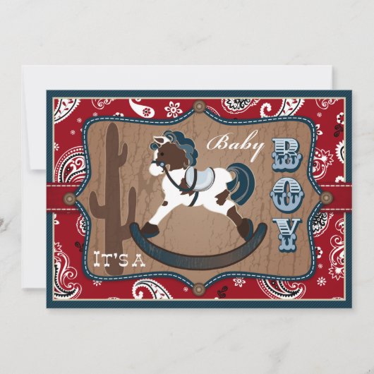 Bandanna Print & Rocking Horse Cowboy Baby Dusche Einladung (Vorderseite)