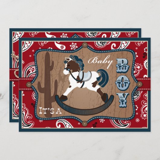Bandanna Print & Rocking Horse Cowboy Baby Dusche Einladung (Vorne/Hinten)