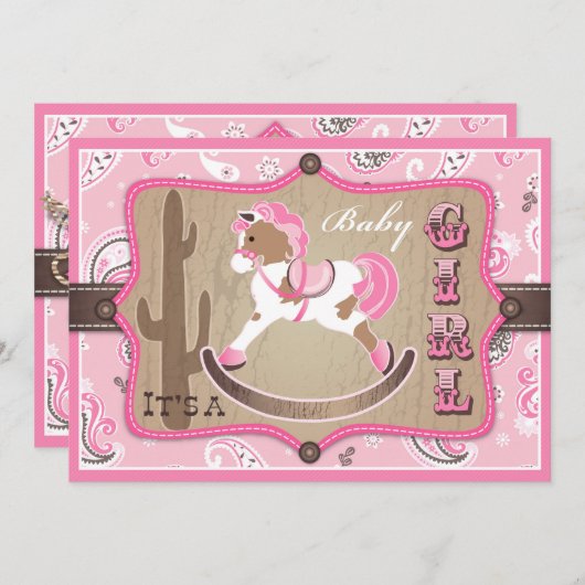 Bandanna Print & Rocking Horse Cowgirl Kinderdusch Einladung (Vorne/Hinten)