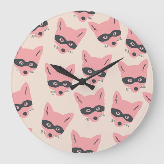Bandit Fox Heads: rosa Beige Muster Große Wanduhr (Vorderseite)