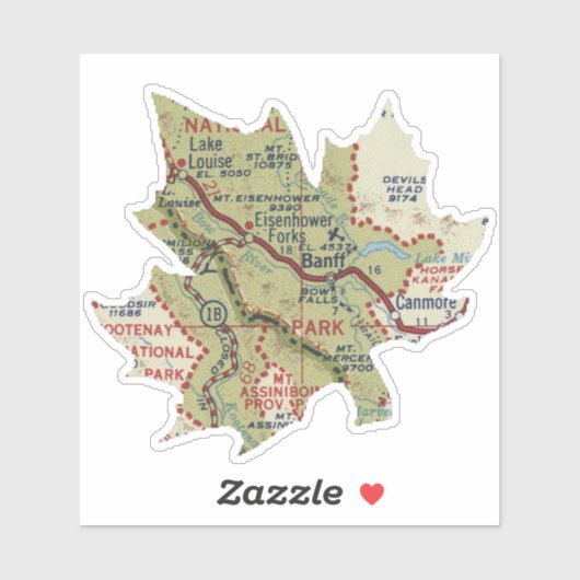 Banff National Park 50's Map Aufkleber (Blatt)