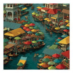 Bangkok Thailand Markt Schwimmend Auf Wasser Vinta Poster