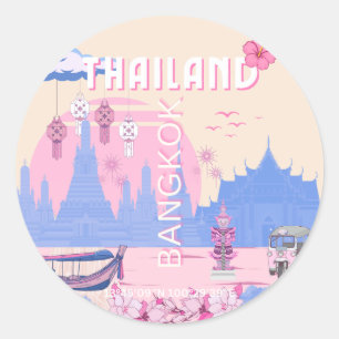 Bangkok Thailand Pastell Reise Blau Rosa Poster Runder Aufkleber