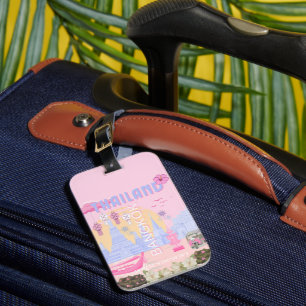 Bangkok Thailand Pastell Rosa Blau Reiseplakat Gepäckanhänger
