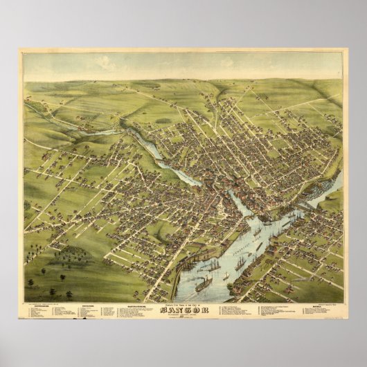 Bangor Maine 1875 Antike Panoramakarte Poster (Vorne)