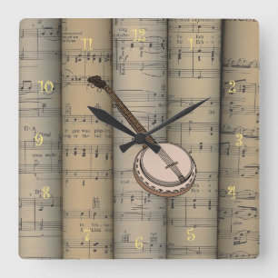 Banjo ~ Gerollter Notenblatt-Hintergrund ~ Musikal Quadratische Wanduhr