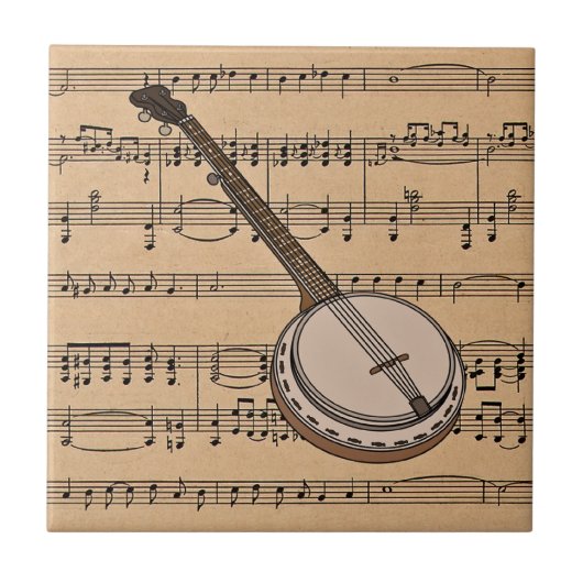 Banjo mit Notenhintergrund Fliese (Vorderseite)