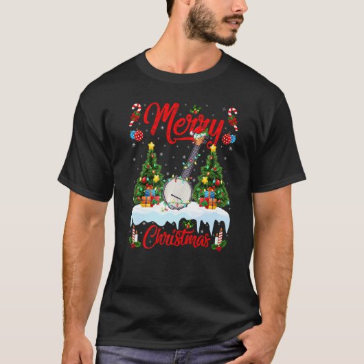 Banjo Music Lights Xmas Tree Santa Banjo Christma T-Shirt (Vorderseite)