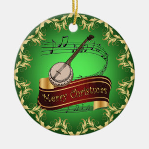 Banjo ~ Musical Scroll ~ Frohe Weihnachten ~ * Keramik Ornament