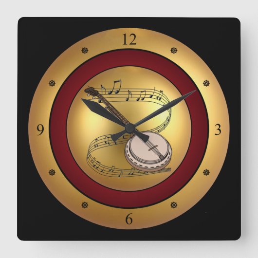 Banjo~Musical Scroll~Gold/Maroon/Black Background Quadratische Wanduhr (Vorderseite)