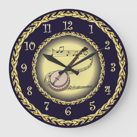 Banjo ~ Musikalische Scroll ~ Gold/Navy Blue ~ Große Wanduhr (Vorderseite)