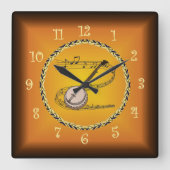 Banjo on Musical Scroll & Russet Orange ~ Quadratische Wanduhr (Vorderseite)