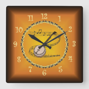 Banjo on Musical Scroll & Russet Orange ~ Quadratische Wanduhr