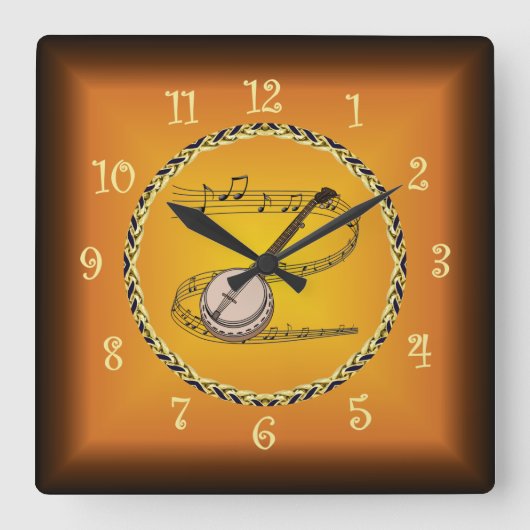 Banjo on Musical Scroll & Russet Orange ~ Quadratische Wanduhr (Vorderseite)