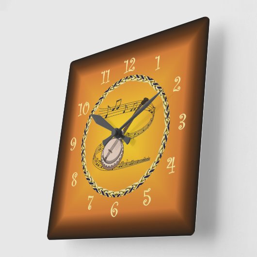 Banjo on Musical Scroll & Russet Orange ~ Quadratische Wanduhr (Winkel)