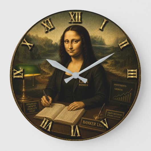 Banker Funny Mona Lisa Große Wanduhr (Vorderseite)