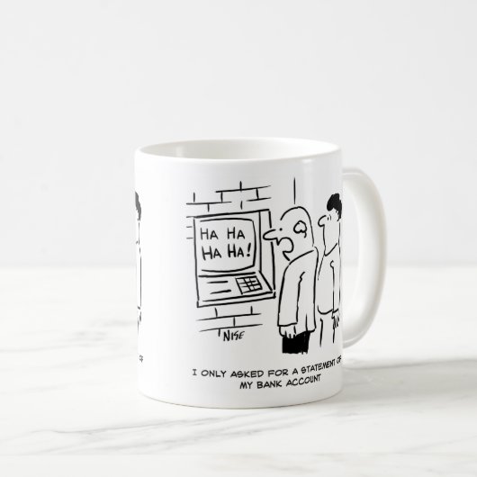 Bankkunde frage ATM für eine Anweisung Kaffeetasse (VorderseiteRechts)